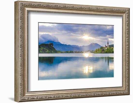 Lake Bled at Sunrise with the Church on Lake Bled Island and Bled Castle-Matthew Williams-Ellis-Framed Photographic Print