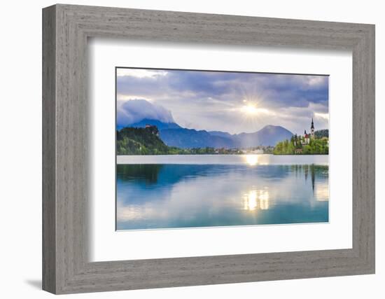 Lake Bled at Sunrise with the Church on Lake Bled Island and Bled Castle-Matthew Williams-Ellis-Framed Photographic Print