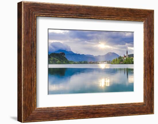 Lake Bled at Sunrise with the Church on Lake Bled Island and Bled Castle-Matthew Williams-Ellis-Framed Photographic Print