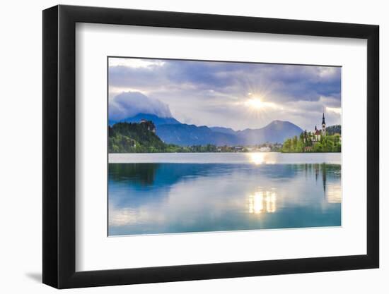 Lake Bled at Sunrise with the Church on Lake Bled Island and Bled Castle-Matthew Williams-Ellis-Framed Photographic Print