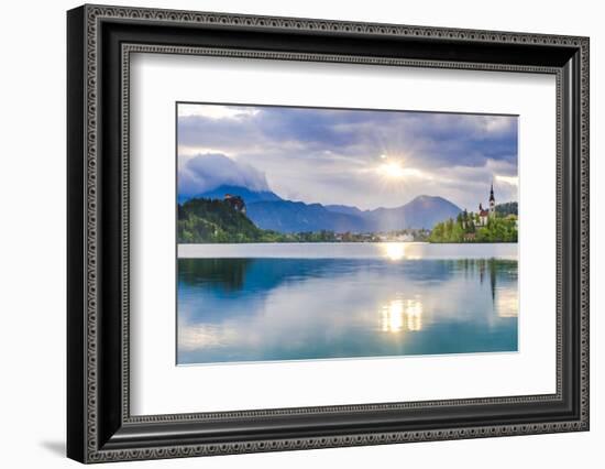 Lake Bled at Sunrise with the Church on Lake Bled Island and Bled Castle-Matthew Williams-Ellis-Framed Photographic Print