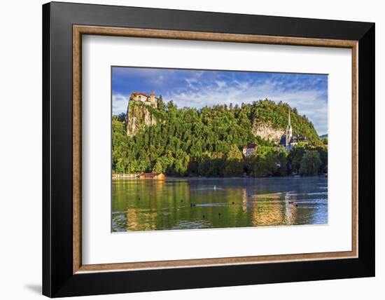 Lake Bled, Castle rises on cliffs above Lake Bled, Slovenia-Miva Stock-Framed Photographic Print