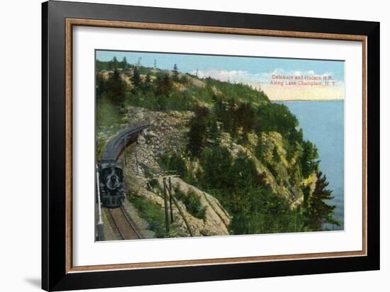 Lake Champlain, New York - Delaware and Hudson River Train Along Lake-Lantern Press-Framed Art Print