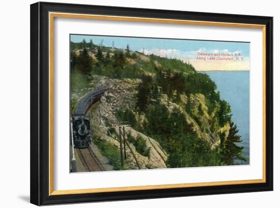 Lake Champlain, New York - Delaware and Hudson River Train Along Lake-Lantern Press-Framed Art Print