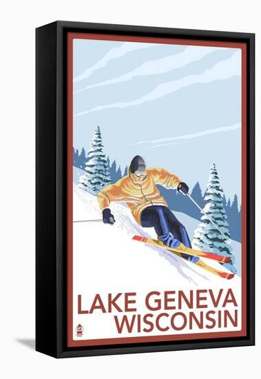 Lake Geneva, Wisconsin - Downhill Skier-Lantern Press-Framed Stretched Canvas