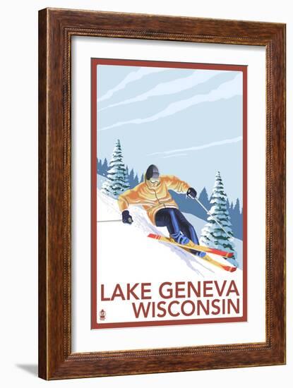 Lake Geneva, Wisconsin - Downhill Skier-Lantern Press-Framed Art Print