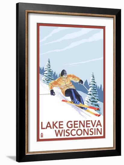 Lake Geneva, Wisconsin - Downhill Skier-Lantern Press-Framed Art Print