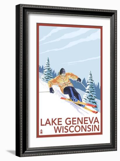 Lake Geneva, Wisconsin - Downhill Skier-Lantern Press-Framed Art Print