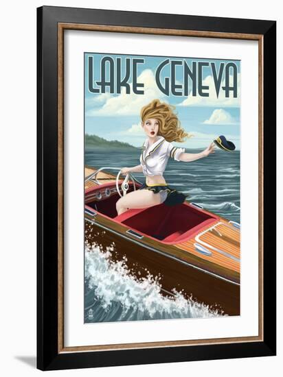 Lake Geneva, Wisconsin - Pinup Girl Boating-Lantern Press-Framed Art Print