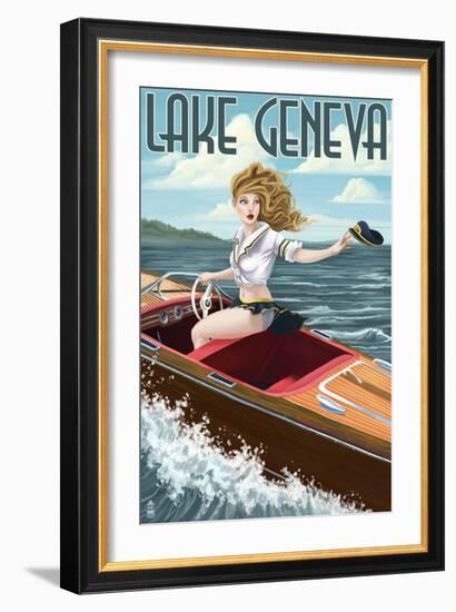 Lake Geneva, Wisconsin - Pinup Girl Boating-Lantern Press-Framed Art Print