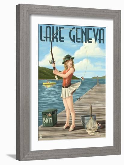 Lake Geneva, Wisconsin - Pinup Girl Fishing-Lantern Press-Framed Art Print