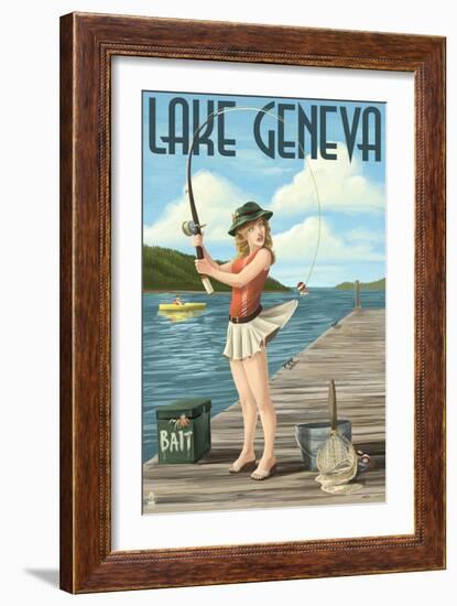 Lake Geneva, Wisconsin - Pinup Girl Fishing-Lantern Press-Framed Art Print