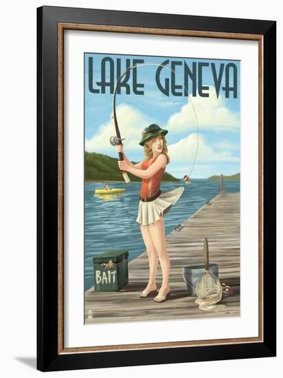 Lake Geneva, Wisconsin - Pinup Girl Fishing-Lantern Press-Framed Art Print