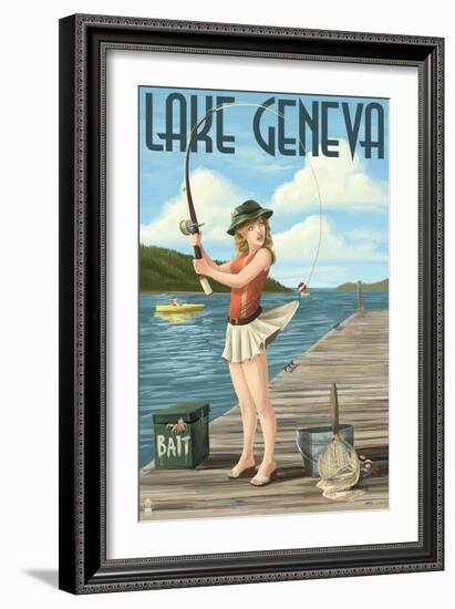 Lake Geneva, Wisconsin - Pinup Girl Fishing-Lantern Press-Framed Art Print