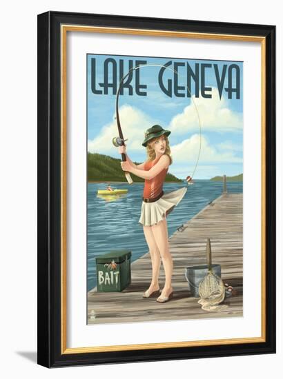 Lake Geneva, Wisconsin - Pinup Girl Fishing-Lantern Press-Framed Art Print