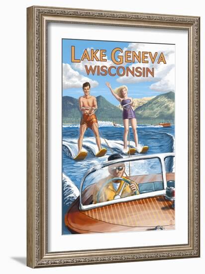 Lake Geneva, Wisconsin - Water Skiers-Lantern Press-Framed Art Print