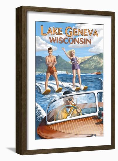 Lake Geneva, Wisconsin - Water Skiers-Lantern Press-Framed Art Print