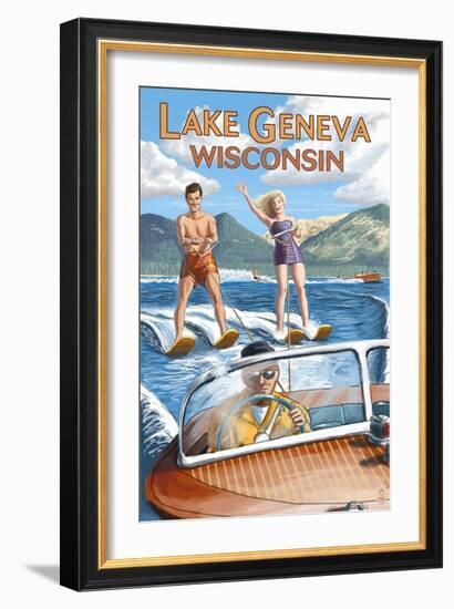 Lake Geneva, Wisconsin - Water Skiers-Lantern Press-Framed Art Print