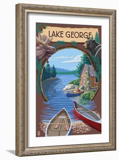 Lake George, New York - Canoe Scene-Lantern Press-Framed Art Print