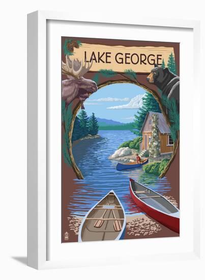 Lake George, New York - Canoe Scene-Lantern Press-Framed Art Print