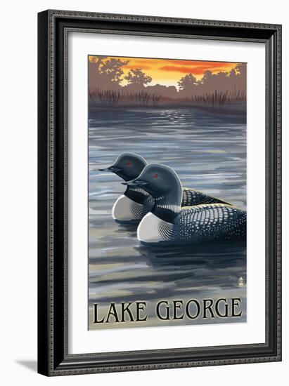 Lake George, New York - Loons at Sunset-Lantern Press-Framed Art Print