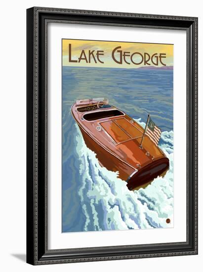 Lake George, New York - Wooden Boat on Lake-Lantern Press-Framed Art Print