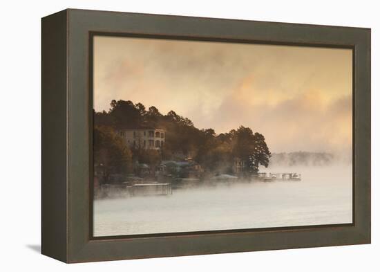 Lake Hamilton, Autumn Fog at Dawn, Hot Springs, Arkansas, USA-Walter Bibikow-Framed Premier Image Canvas