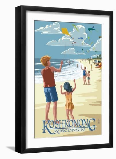 Lake Koshkonong, Wisconsin - Kite Flyers-Lantern Press-Framed Art Print