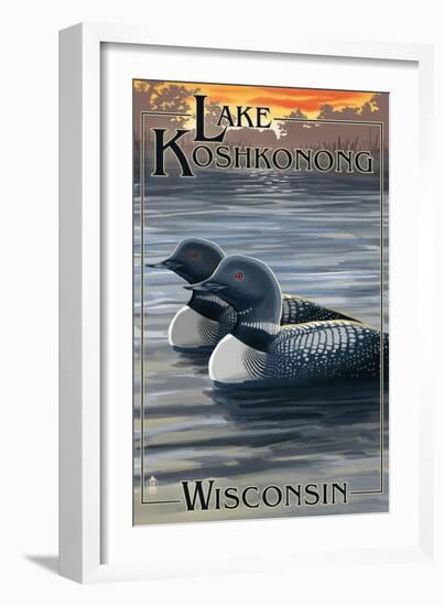 Lake Koshkonong, Wisconsin - Loons-Lantern Press-Framed Art Print