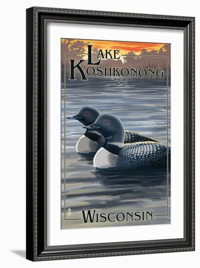 Lake Koshkonong, Wisconsin - Loons-Lantern Press-Framed Art Print