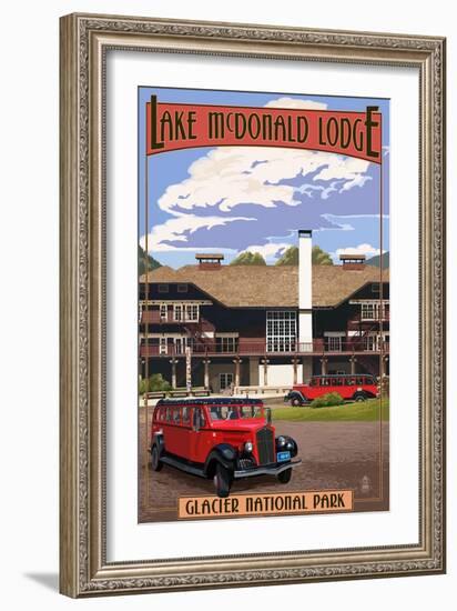 Lake McDonald Lodge and Red Jammers - Glacier National Park, Montana-Lantern Press-Framed Art Print