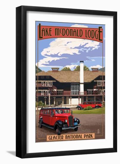 Lake McDonald Lodge and Red Jammers - Glacier National Park, Montana-Lantern Press-Framed Art Print