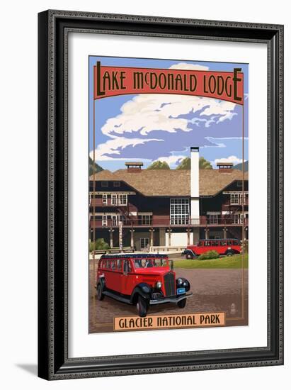 Lake McDonald Lodge and Red Jammers - Glacier National Park, Montana-Lantern Press-Framed Art Print