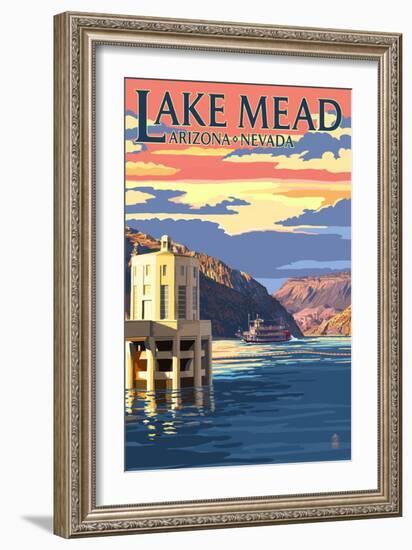 Lake Mead, Nevada / Arizona - Paddleboat and Hoover Dam-Lantern Press-Framed Art Print