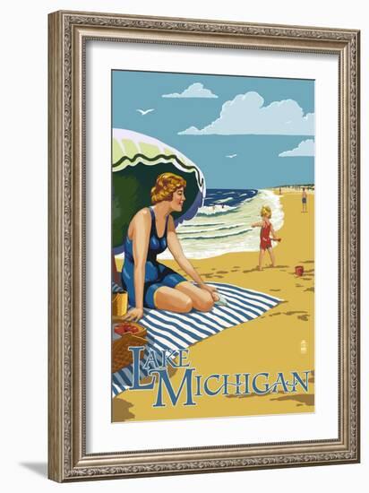 Lake Michigan - Beach Scene-Lantern Press-Framed Art Print