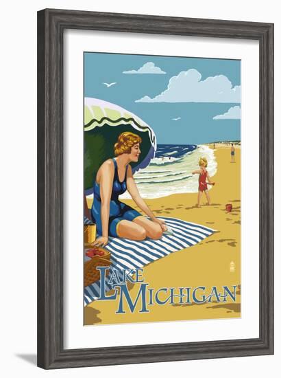 Lake Michigan - Beach Scene-Lantern Press-Framed Art Print