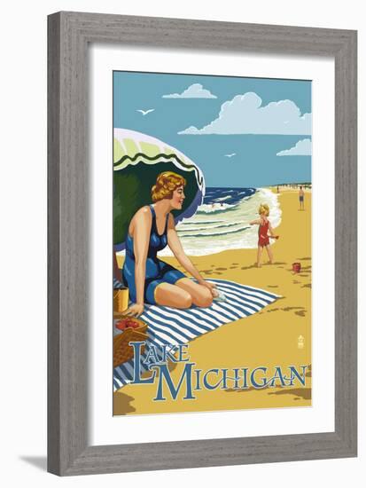 Lake Michigan - Beach Scene-Lantern Press-Framed Art Print