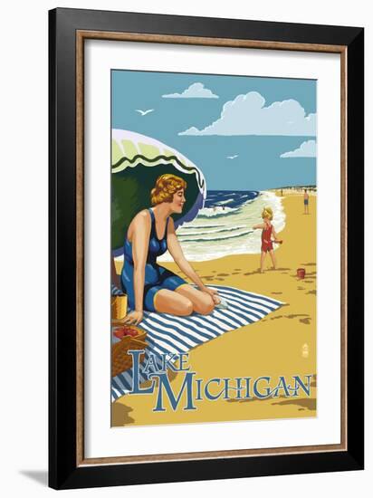 Lake Michigan - Beach Scene-Lantern Press-Framed Art Print