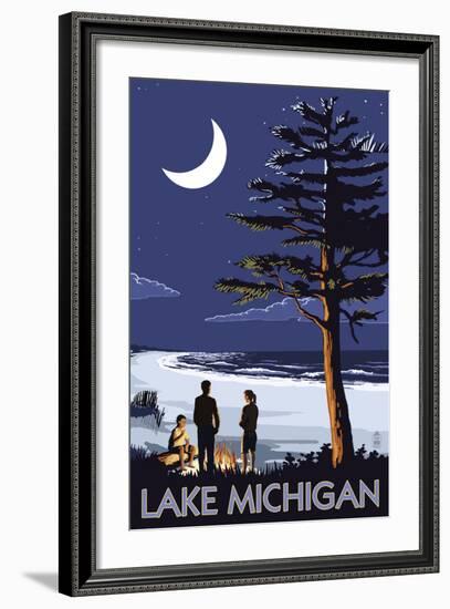 Lake Michigan - Bonfire at Night Scene-Lantern Press-Framed Art Print