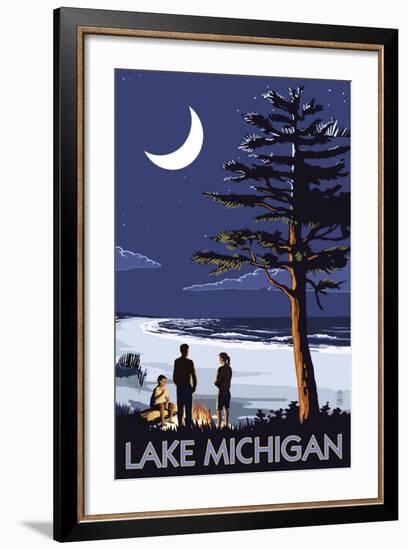 Lake Michigan - Bonfire at Night Scene-Lantern Press-Framed Art Print