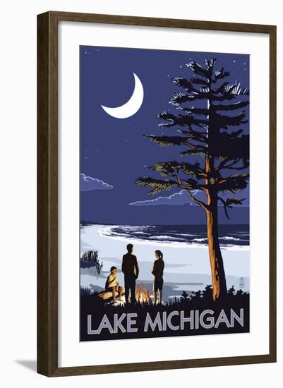 Lake Michigan - Bonfire at Night Scene-Lantern Press-Framed Art Print