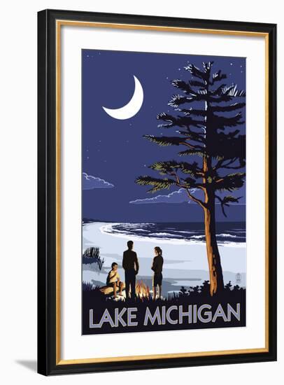 Lake Michigan - Bonfire at Night Scene-Lantern Press-Framed Art Print