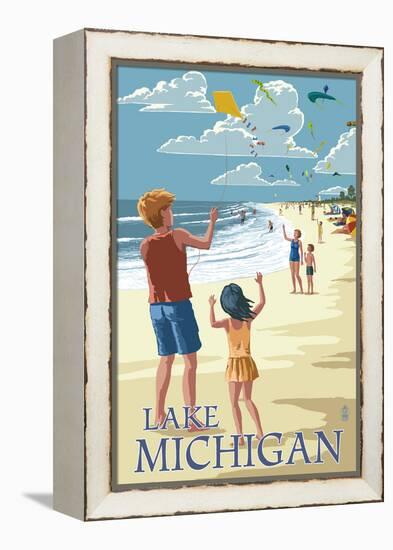 Lake Michigan - Children Flying Kites-Lantern Press-Framed Stretched Canvas