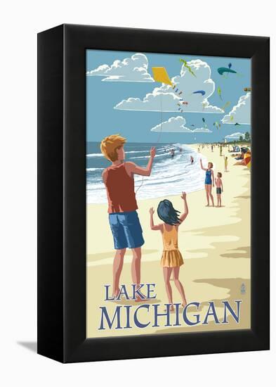 Lake Michigan - Children Flying Kites-Lantern Press-Framed Stretched Canvas