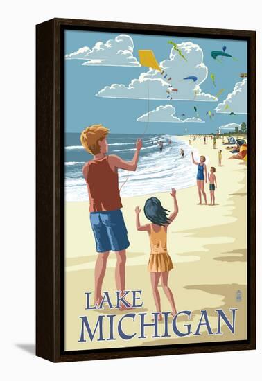 Lake Michigan - Children Flying Kites-Lantern Press-Framed Stretched Canvas