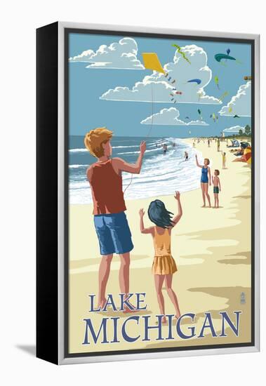 Lake Michigan - Children Flying Kites-Lantern Press-Framed Stretched Canvas