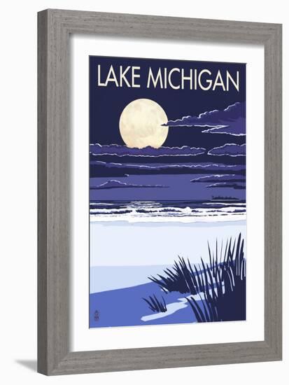 Lake Michigan - Full Moon Night Scene-Lantern Press-Framed Art Print