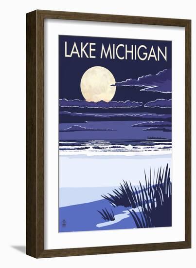 Lake Michigan - Full Moon Night Scene-Lantern Press-Framed Art Print