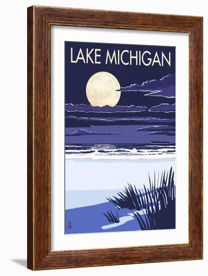 Lake Michigan - Full Moon Night Scene-Lantern Press-Framed Art Print