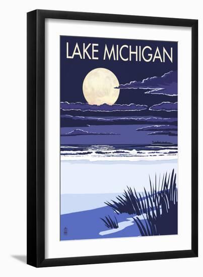 Lake Michigan - Full Moon Night Scene-Lantern Press-Framed Art Print